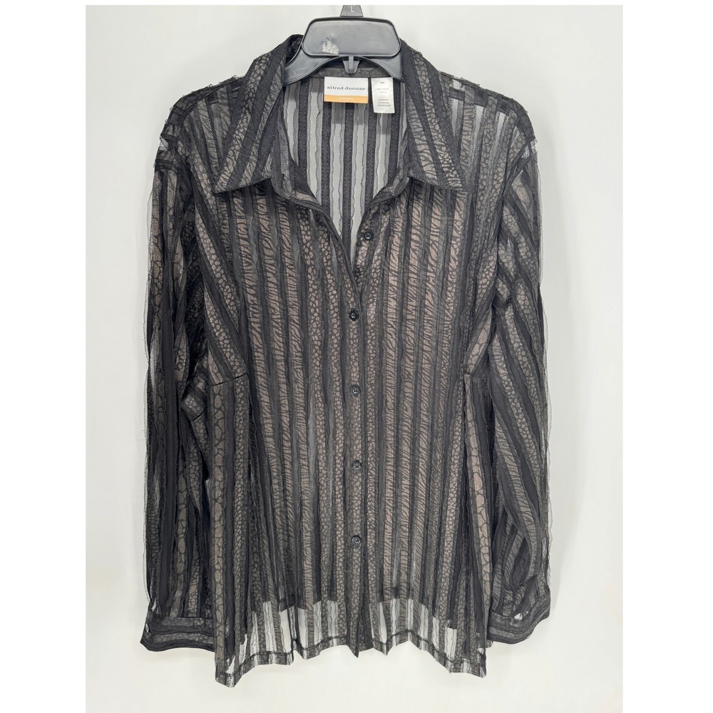 Alfred Dunner Blouse Women 24W Black Sheer Mesh Striped Long Sleeve Button Up